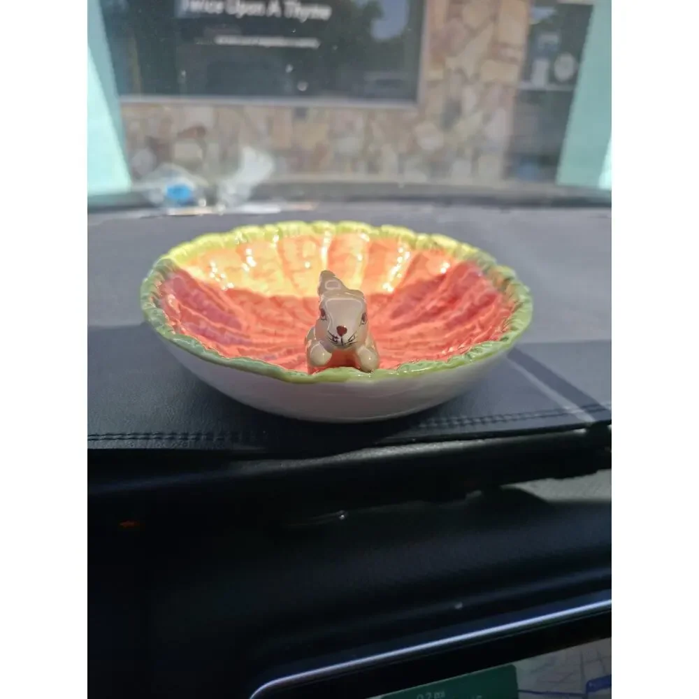 Easter Ceramic Decorative Bowl with Bunny Rabbit Figurine | Hand-Painted Carrot